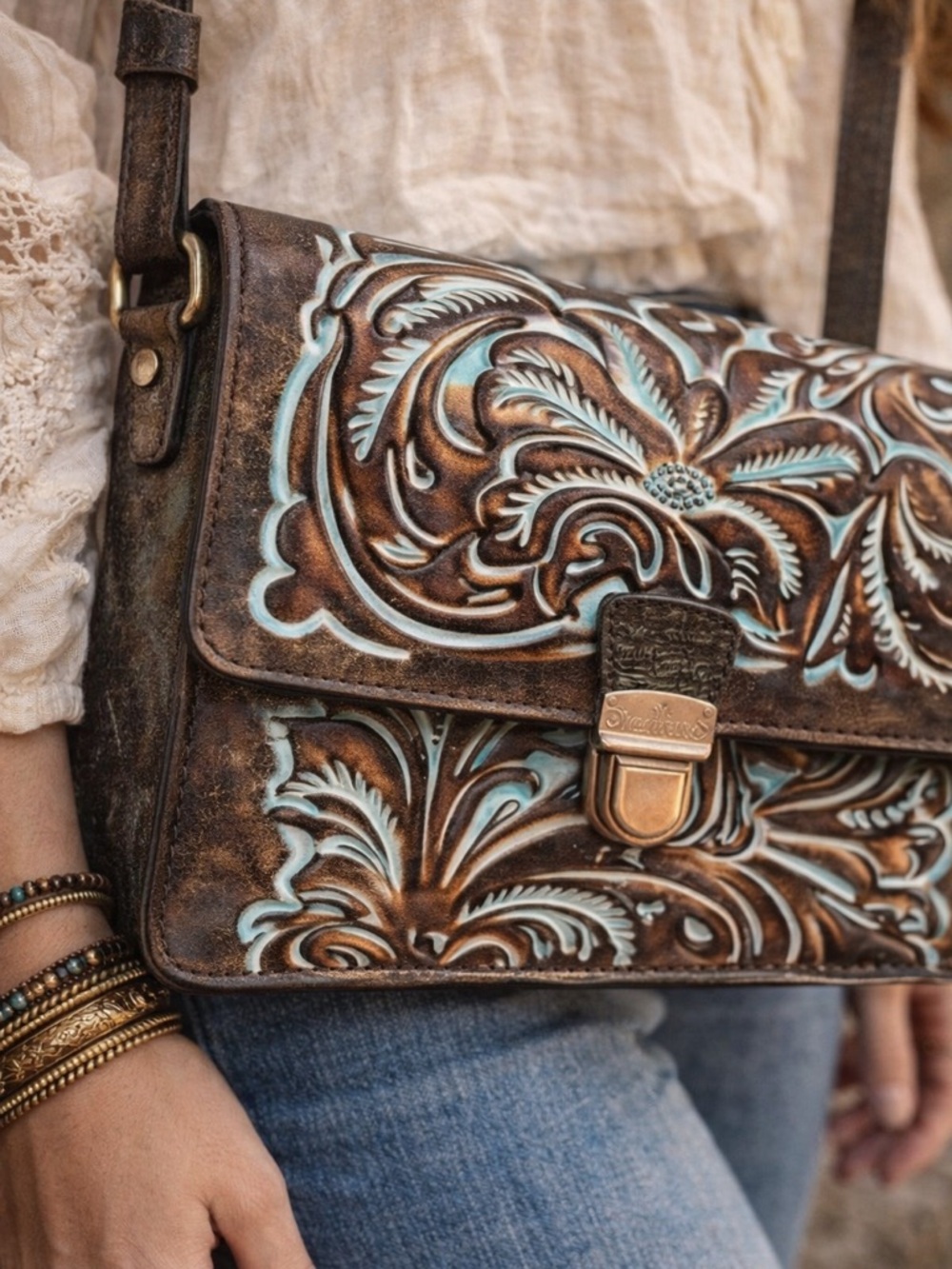 PATRICIA NASH Tooled Laurentina Crossbody Italian Leather Handcrafted Stitching - Picture 4 of 15